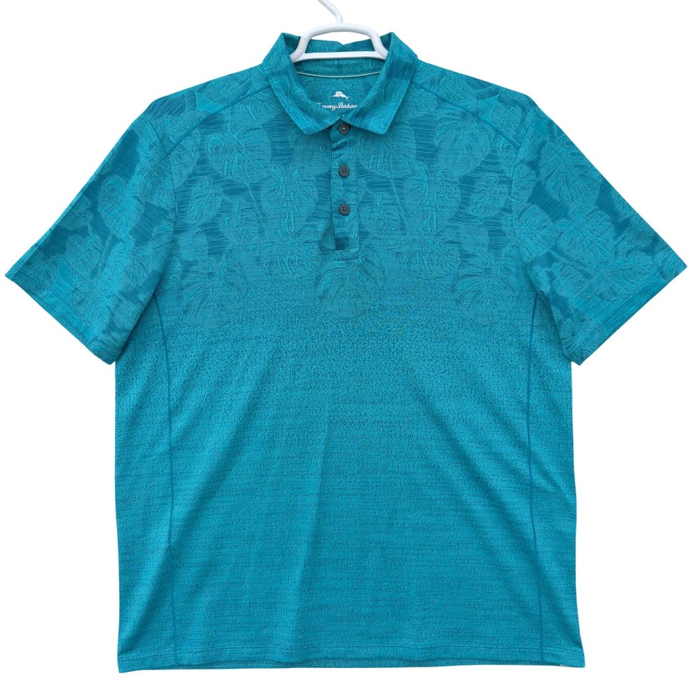 Tommy Bahama IslandZone Golf Polo Shirt Mens Large Teal Monstera Leaf Print